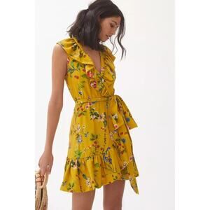 Women's Size M Maeve by Anthropologie Yellow Strawberry Floral Ruffle Dress READ